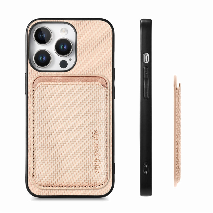 For iPhone 16 Pro Carbon Fiber Leather Card Magsafe Phone Case(Khaki)