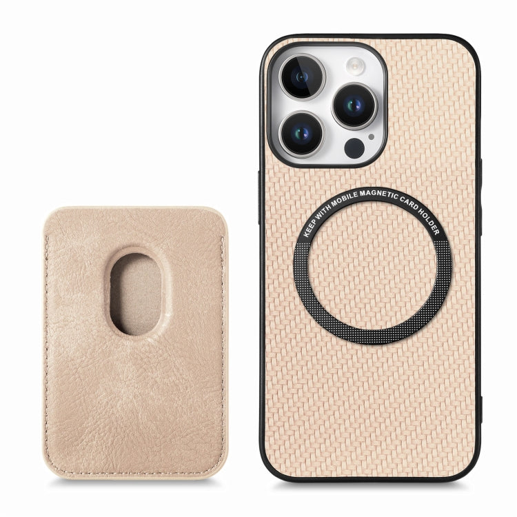 For iPhone 16 Pro Carbon Fiber Leather Card Magsafe Phone Case(Khaki)