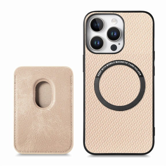 For iPhone 16 Pro Carbon Fiber Leather Card Magsafe Phone Case(Khaki)