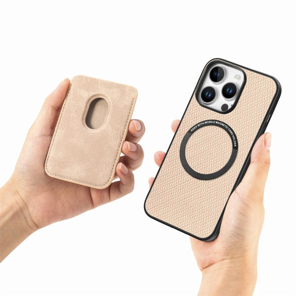 For iPhone 16 Pro Carbon Fiber Leather Card Magsafe Phone Case(Khaki)