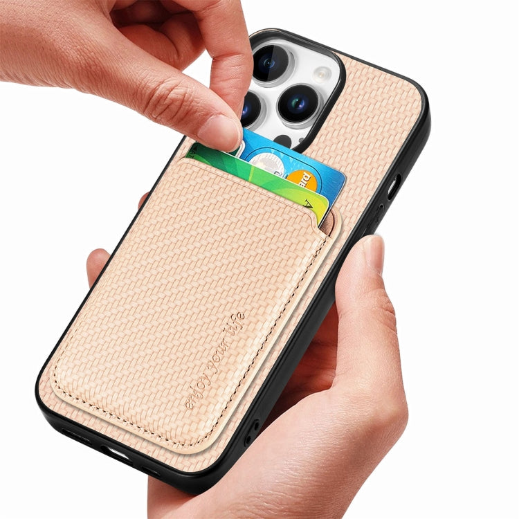For iPhone 16 Pro Carbon Fiber Leather Card Magsafe Phone Case(Khaki)
