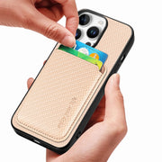 For iPhone 16 Pro Carbon Fiber Leather Card Magsafe Phone Case(Khaki)