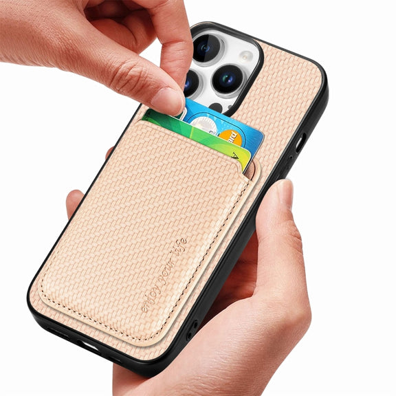 For iPhone 16 Pro Carbon Fiber Leather Card Magsafe Phone Case(Khaki)