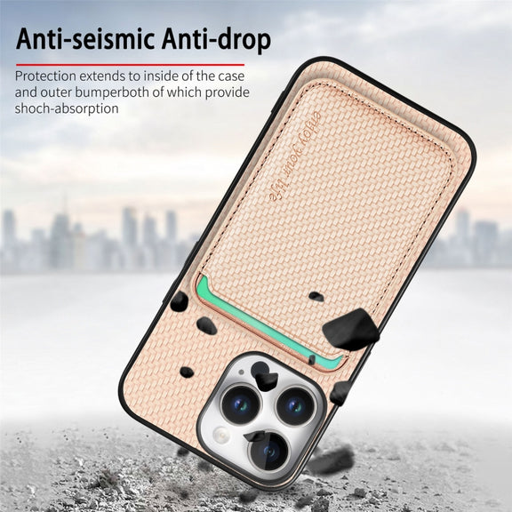 For iPhone 16 Pro Carbon Fiber Leather Card Magsafe Phone Case(Khaki)