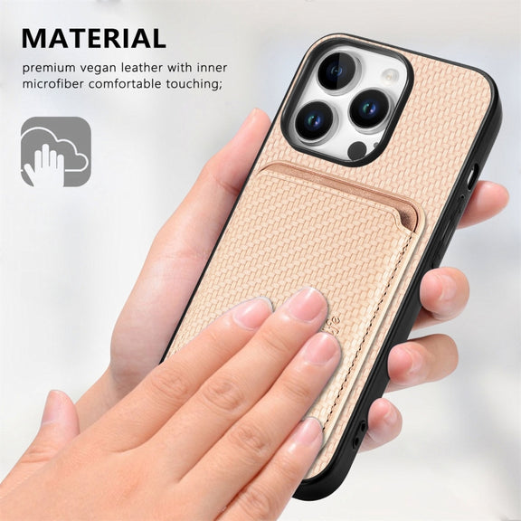 For iPhone 16 Pro Carbon Fiber Leather Card Magsafe Phone Case(Khaki)