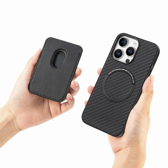 For iPhone 16 Pro Max Carbon Fiber Leather Card Magsafe Phone Case(Black)