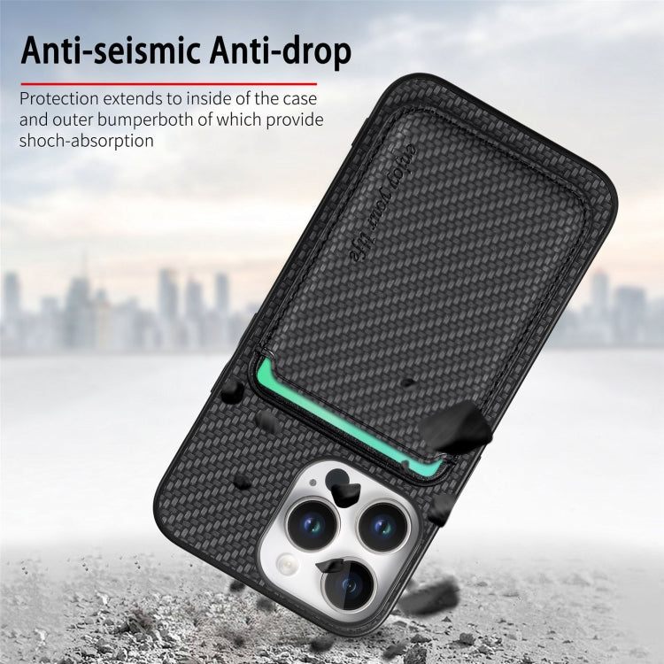 For iPhone 16 Pro Max Carbon Fiber Leather Card Magsafe Phone Case(Black)