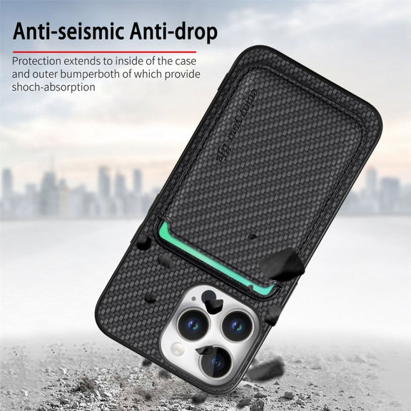 For iPhone 16 Pro Max Carbon Fiber Leather Card Magsafe Phone Case(Black)
