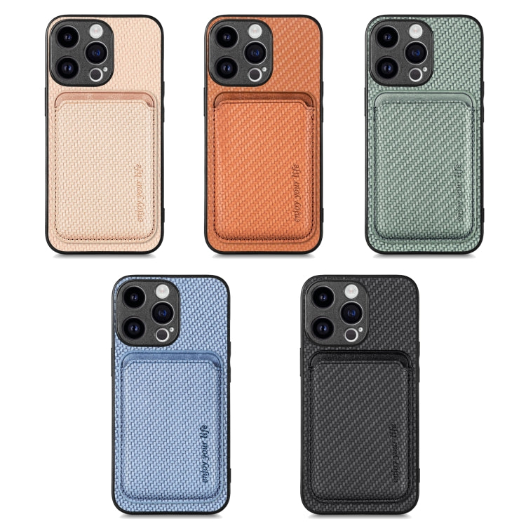 For iPhone 15 Carbon Fiber Leather Card Magsafe Phone Case(Green)