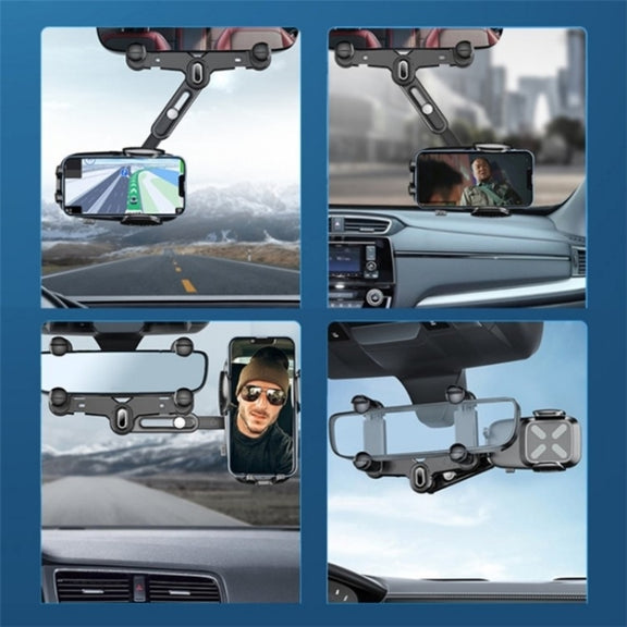 R010 Universal Vehicle Rearview Mirror Phone Holder Multifunctional Retractable Cell Phone Car Mount(Black)