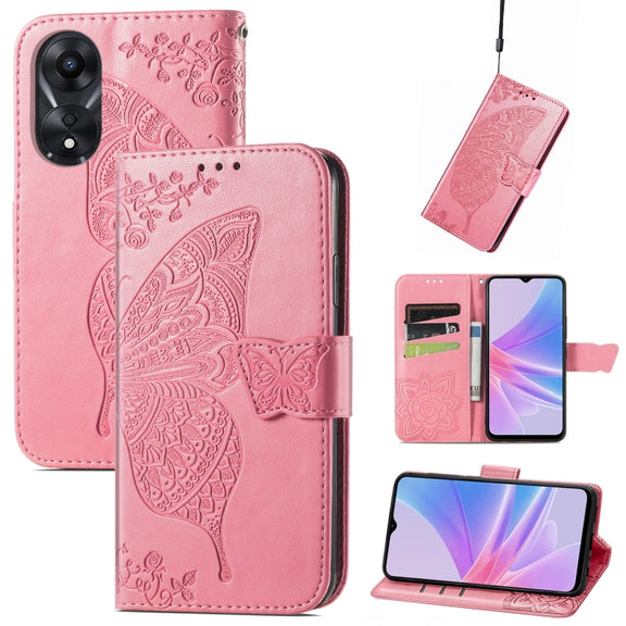 For OPPO A58 4G Butterfly Love Flower Embossed Leather Phone Case(Pink)