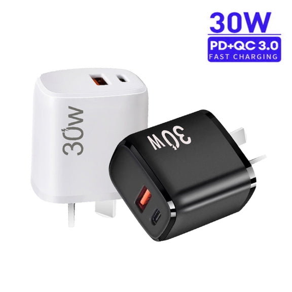 PD30W USB-C / Type-C + QC3.0 USB Dual Port Charger for iPhone 15 / iPad Series, AU Plug(White)