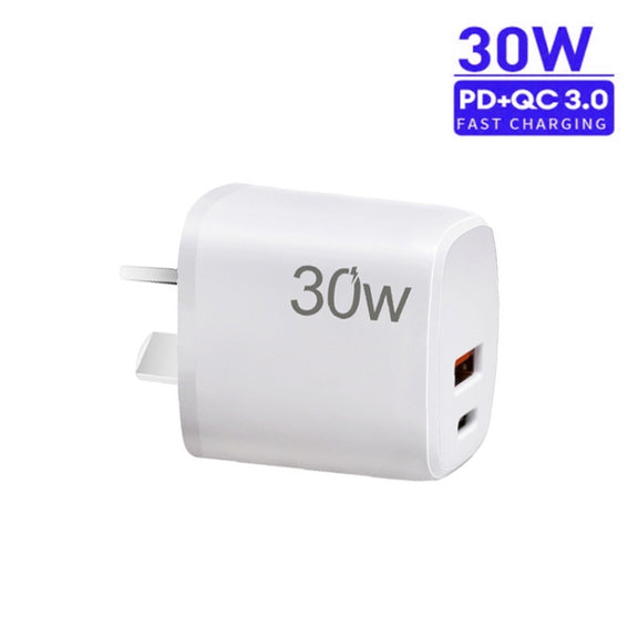 PD30W USB-C / Type-C + QC3.0 USB Charger with 1m Type-C to 8 Pin Data Cable, AU Plug(White)