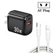 PD30W USB-C / Type-C + QC3.0 USB Charger with 1m Type-C to 8 Pin Data Cable, AU Plug(Black)