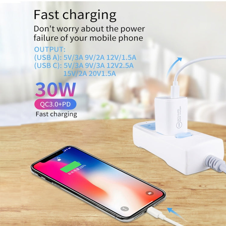 PD30W USB-C / Type-C + QC3.0 USB Charger with 1m Type-C to 8 Pin Data Cable, AU Plug(White)