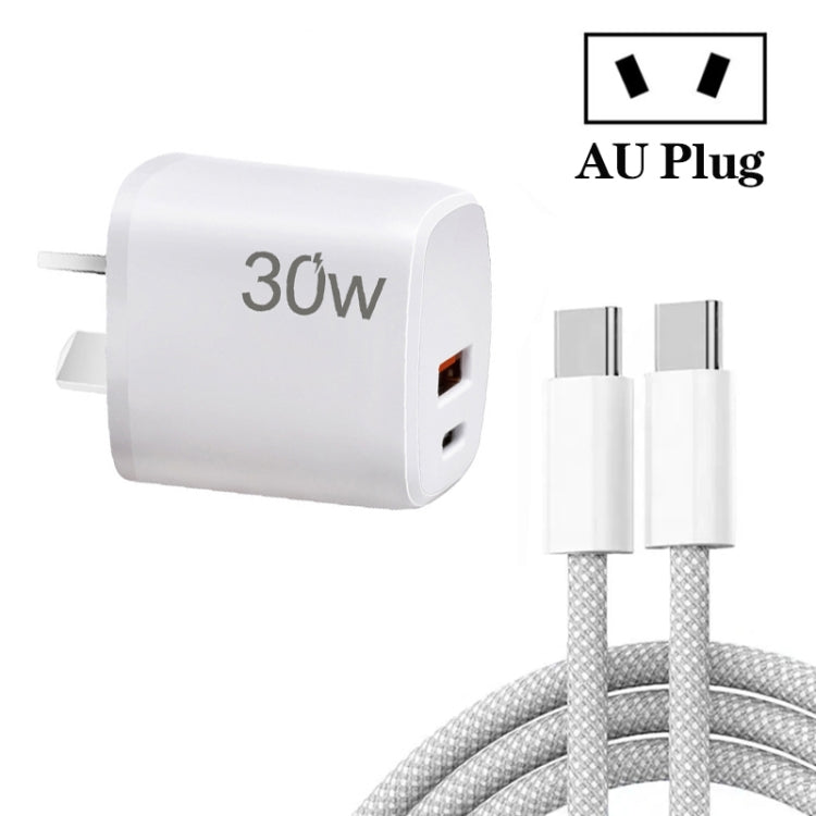 PD30W USB-C / Type-C + QC3.0 USB Charger with 1m Type-C to Type-C Data Cable, AU Plug(White)