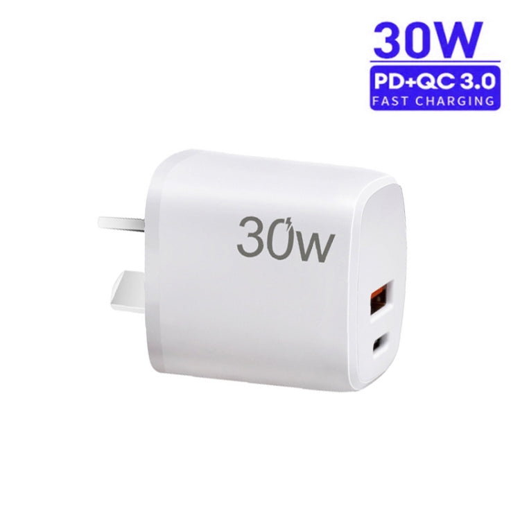 PD30W USB-C / Type-C + QC3.0 USB Charger with 1m Type-C to Type-C Data Cable, AU Plug(White)