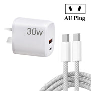 PD30W USB-C / Type-C + QC3.0 USB Charger with 1m Type-C to Type-C Data Cable, AU Plug(White)