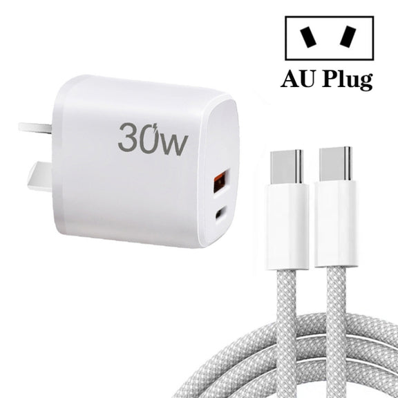 PD30W USB-C / Type-C + QC3.0 USB Charger with 1m Type-C to Type-C Data Cable, AU Plug(White)
