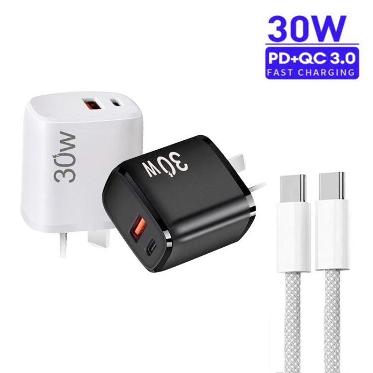 PD30W USB-C / Type-C + QC3.0 USB Charger with 1m Type-C to Type-C Data Cable, AU Plug(Black)