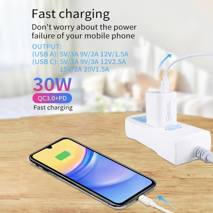 PD30W USB-C / Type-C + QC3.0 USB Charger with 1m Type-C to Type-C Data Cable, AU Plug(Black)