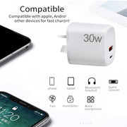 PD30W USB-C / Type-C + QC3.0 USB Charger with 1m Type-C to Type-C Data Cable, AU Plug(Black)