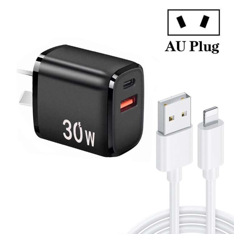 PD30W USB-C / Type-C + QC3.0 USB Charger with 1m USB to 8 Pin Data Cable, AU Plug(Black)
