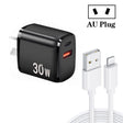 PD30W USB-C / Type-C + QC3.0 USB Charger with 1m USB to 8 Pin Data Cable, AU Plug(Black) - USB Charger by PMC TechLife | Online Shopping South Africa | PMC TechLife | Buy Now Pay Later Mobicred