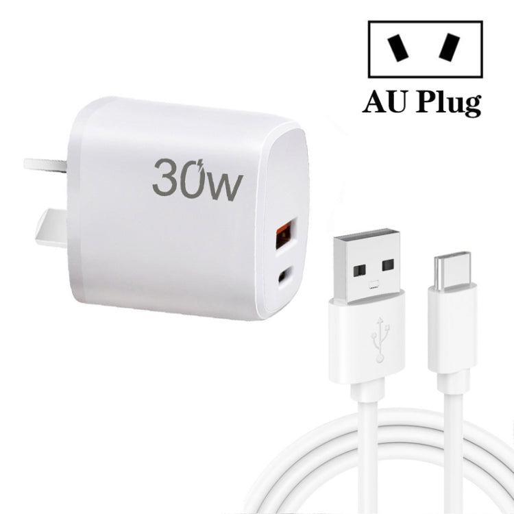 PD30W USB-C / Type-C + QC3.0 USB Charger with 1m USB to Type-C Data Cable, AU Plug(White)