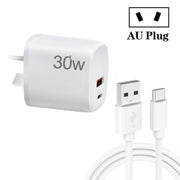 PD30W USB-C / Type-C + QC3.0 USB Charger with 1m USB to Type-C Data Cable, AU Plug(White)