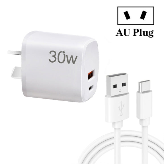 PD30W USB-C / Type-C + QC3.0 USB Charger with 1m USB to Type-C Data Cable, AU Plug(White)