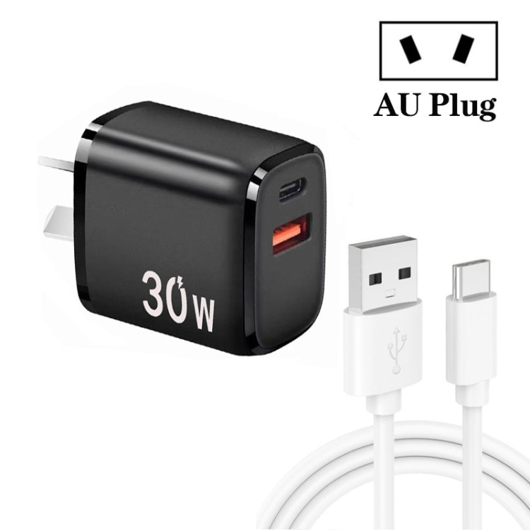 PD30W USB-C / Type-C + QC3.0 USB Charger with 1m USB to Type-C Data Cable, AU Plug(Black)