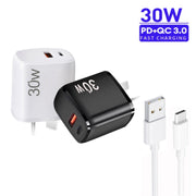 PD30W USB-C / Type-C + QC3.0 USB Charger with 1m USB to Type-C Data Cable, AU Plug(Black)