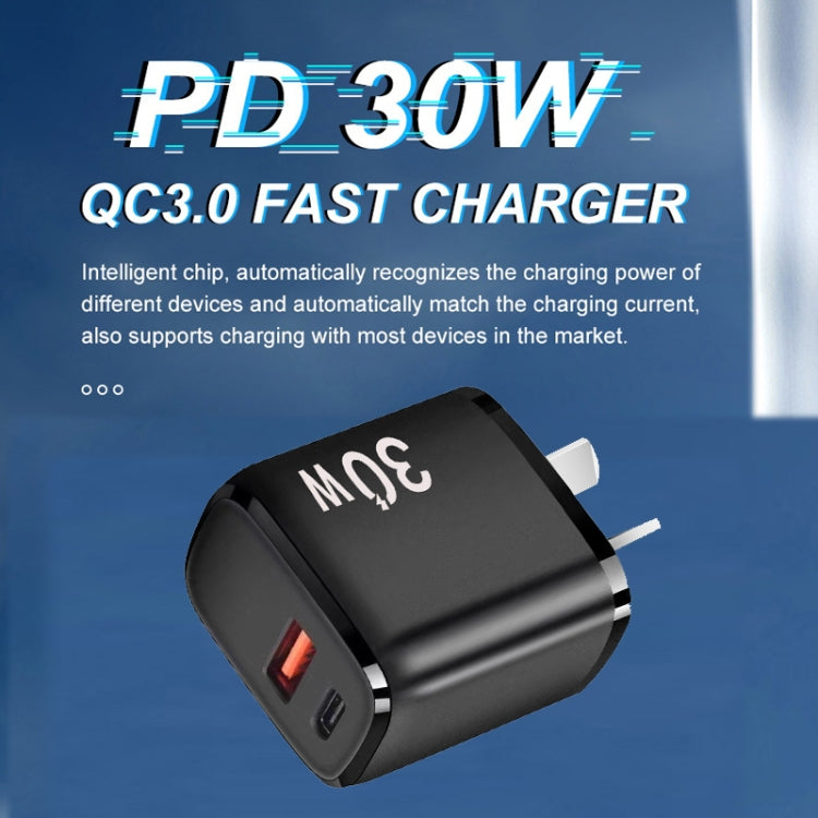 PD30W USB-C / Type-C + QC3.0 USB Charger with 1m USB to Type-C Data Cable, AU Plug(Black)
