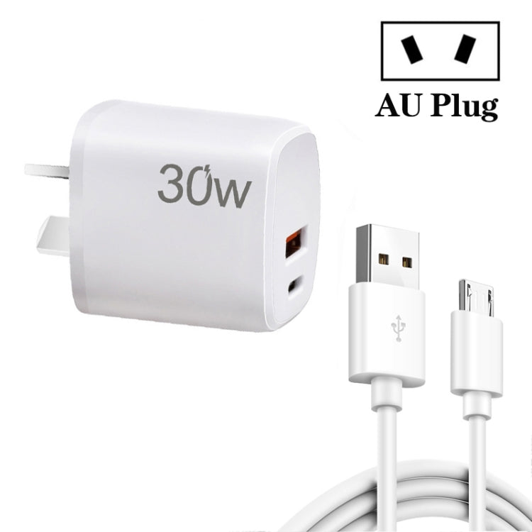 PD30W USB-C / Type-C + QC3.0 USB Charger with 1m USB to Micro USB Data Cable, AU Plug(White)