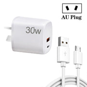 PD30W USB-C / Type-C + QC3.0 USB Charger with 1m USB to Micro USB Data Cable, AU Plug(White)