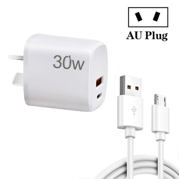 PD30W USB-C / Type-C + QC3.0 USB Charger with 1m USB to Micro USB Data Cable, AU Plug(White)