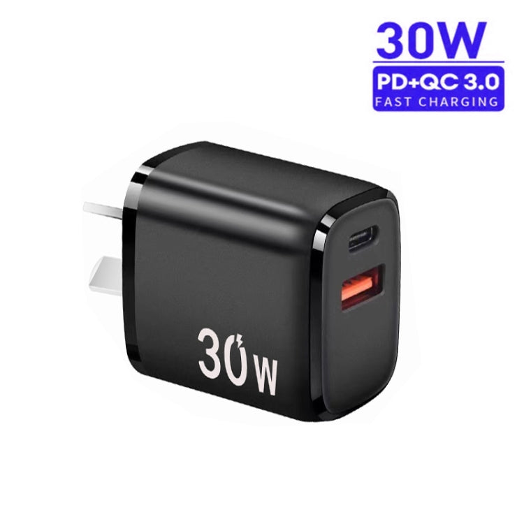 PD30W USB-C / Type-C + QC3.0 USB Charger with 1m USB to Micro USB Data Cable, AU Plug(Black)
