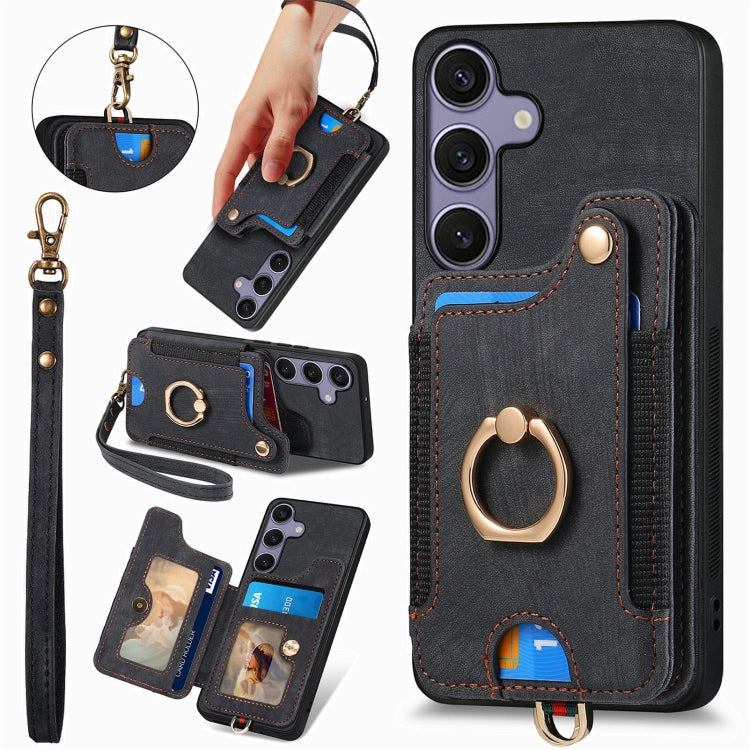For Samsung Galaxy S25+ 5G Retro Skin-feel Ring Multi-card Wallet Phone Case(Black)