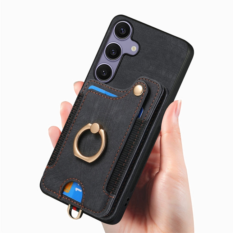 For Samsung Galaxy S25+ 5G Retro Skin-feel Ring Multi-card Wallet Phone Case(Black)