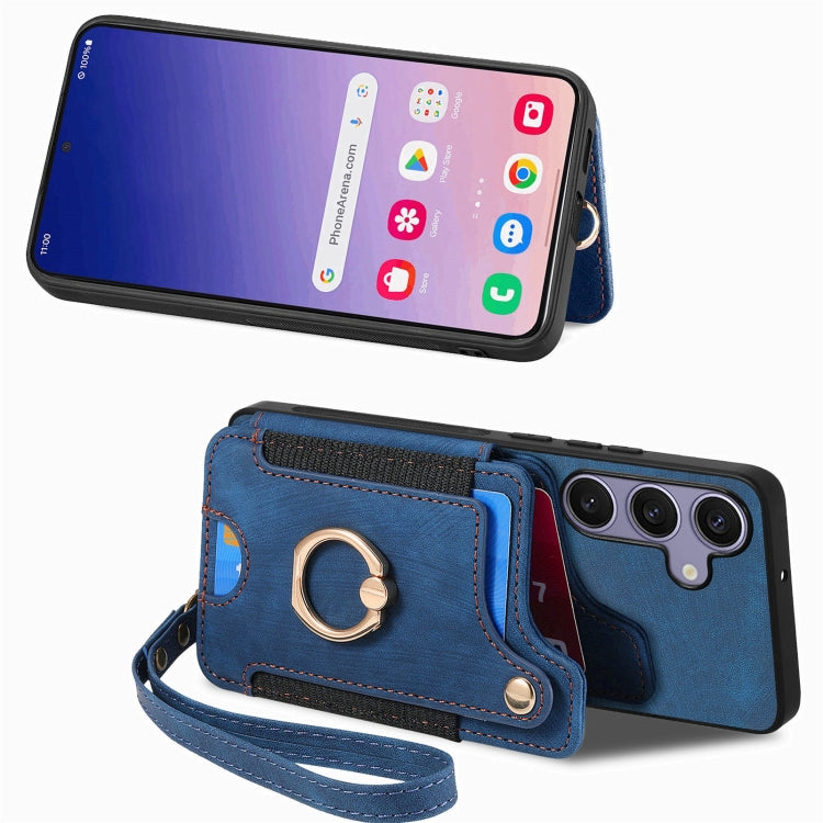 For Samsung Galaxy S25+ 5G Retro Skin-feel Ring Multi-card Wallet Phone Case(Blue)