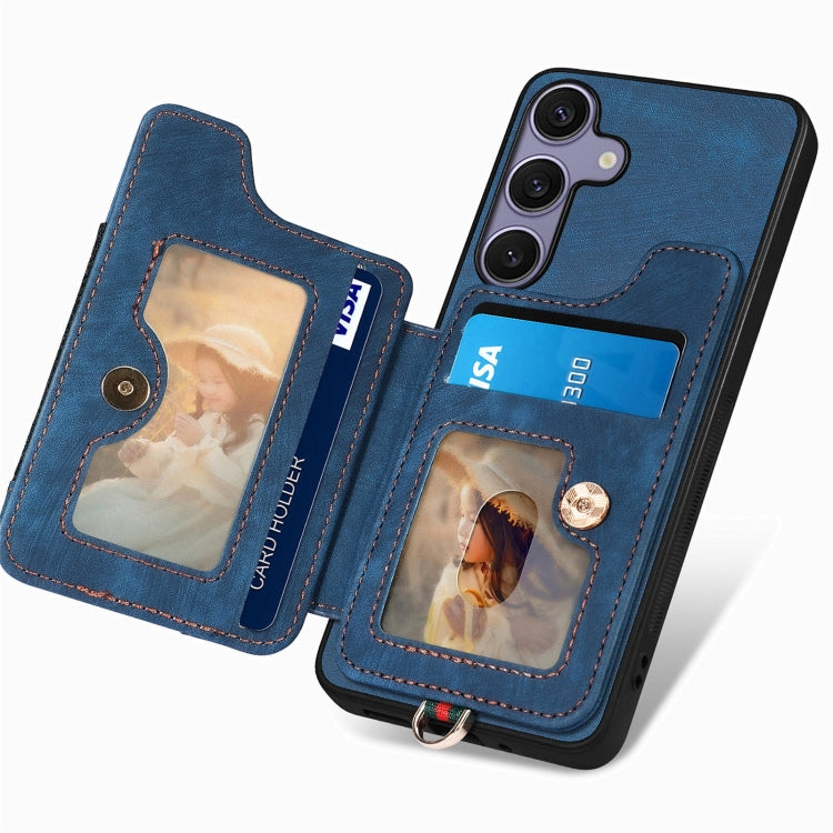 For Samsung Galaxy S25+ 5G Retro Skin-feel Ring Multi-card Wallet Phone Case(Blue)