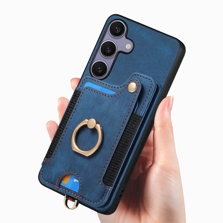 For Samsung Galaxy S25+ 5G Retro Skin-feel Ring Multi-card Wallet Phone Case(Blue)