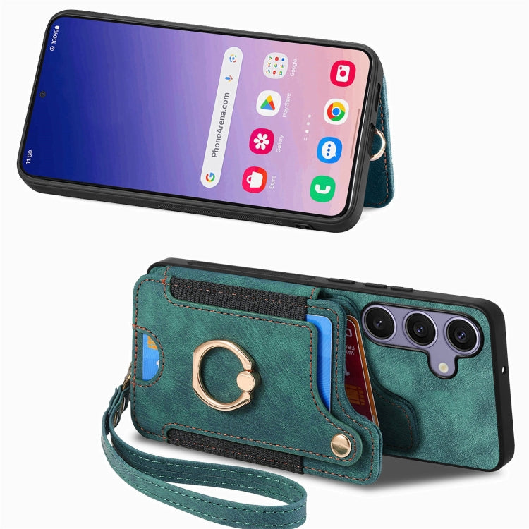 For Samsung Galaxy S25+ 5G Retro Skin-feel Ring Multi-card Wallet Phone Case(Green)
