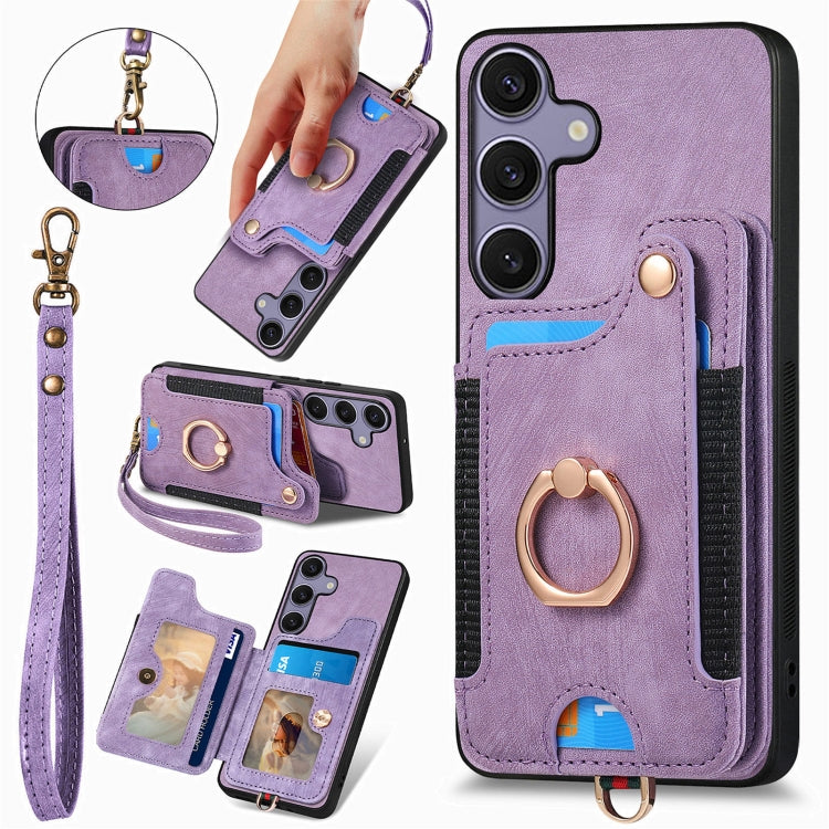For Samsung Galaxy S25+ 5G Retro Skin-feel Ring Multi-card Wallet Phone Case(Purple)
