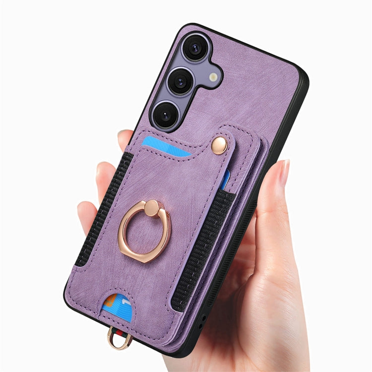 For Samsung Galaxy S25+ 5G Retro Skin-feel Ring Multi-card Wallet Phone Case(Purple)