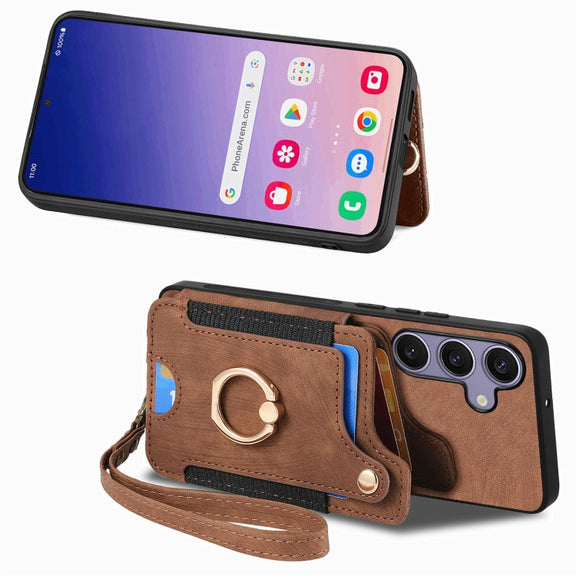 For Samsung Galaxy S25+ 5G Retro Skin-feel Ring Multi-card Wallet Phone Case(Brown)