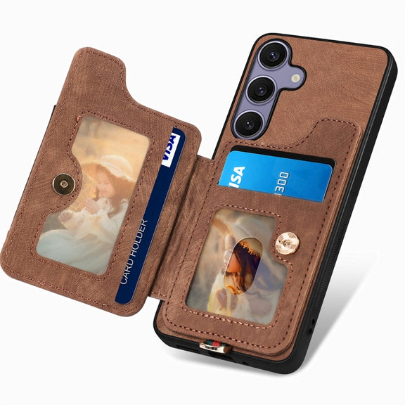 For Samsung Galaxy S25+ 5G Retro Skin-feel Ring Multi-card Wallet Phone Case(Brown)