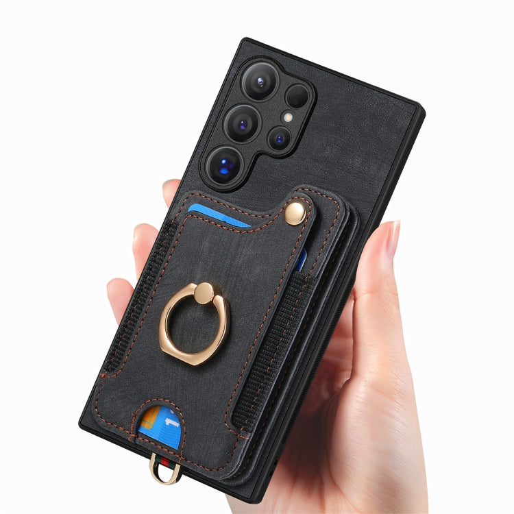 For Samsung Galaxy S25 Ultra 5G Retro Skin-feel Ring Multi-card Wallet Phone Case(Black)