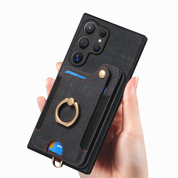 For Samsung Galaxy S25 Ultra 5G Retro Skin-feel Ring Multi-card Wallet Phone Case(Black)